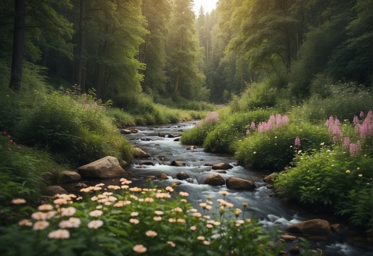 A serene forest with a winding river, surrounded by lush greenery and vibrant flowers, with a calm and peaceful atmosphere