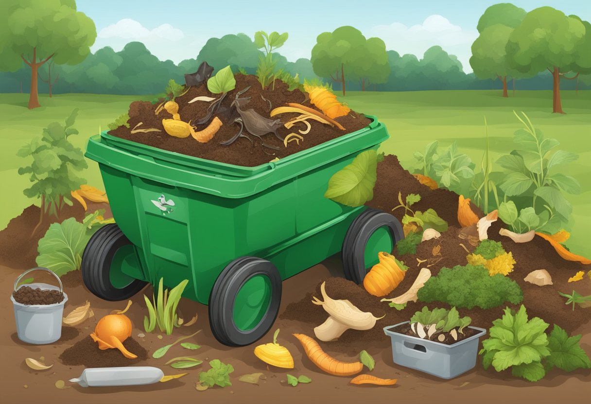 Food scraps and yard waste piled in a bin. Soil and worms added. Oxygen and water mixed in. Heat and time turn it into rich compost