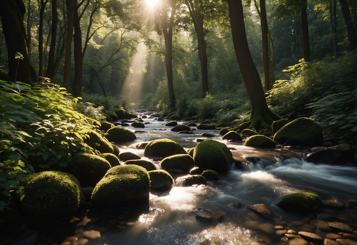 A serene forest with dappled sunlight filtering through the leaves, a bubbling stream, and birdsong filling the air Vagal Nerve Hacks