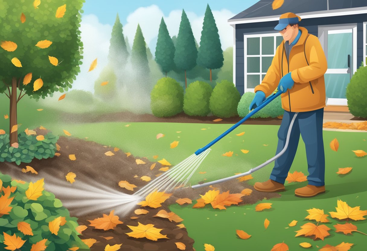 A hose sprays water over a garden, washing away dirt and debris. A broom sweeps up fallen leaves, while a rake gathers up loose soil