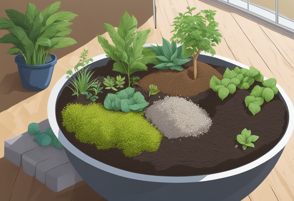 Ingredients mix in a large bowl: 1 part peat moss, 1 part perlite, 1 part compost. Stir until well combined. Fill containers with soil mix for planting
