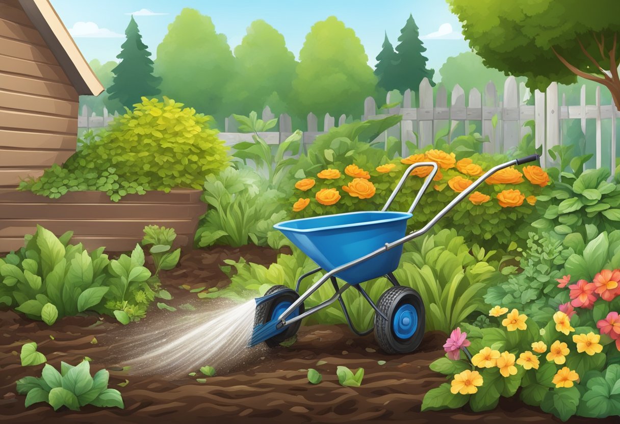 A garden hose sprays water onto soil and plants. A rake gathers debris into a pile. A wheelbarrow carries away the waste