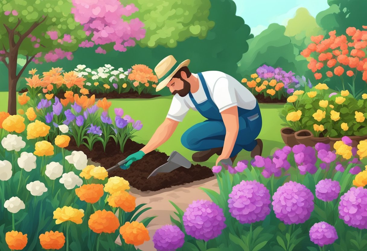 A gardener digs up old plants, adds fresh soil, and carefully arranges new flowers in a colorful flower bed
