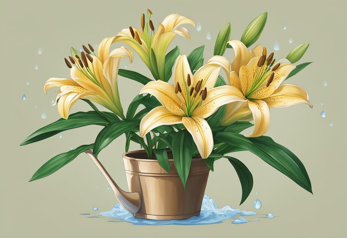 Water asiatic lily every 2-3 days. Show a lily plant in a pot with soil, a watering can, and water droplets on the leaves