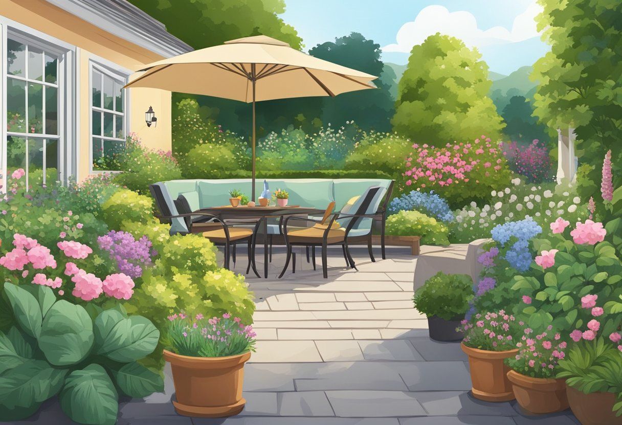 A lush garden with blooming flowers, neatly trimmed hedges, and a variety of plants. A cozy outdoor seating area with a view of the garden and a television playing Gardeners' World