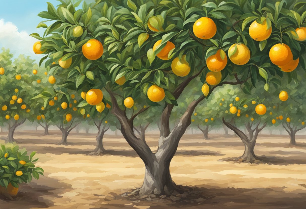 Citrus trees in rich, well-drained soil, under full sun. Regular watering and occasional fertilization. Prune dead branches and protect from pests
