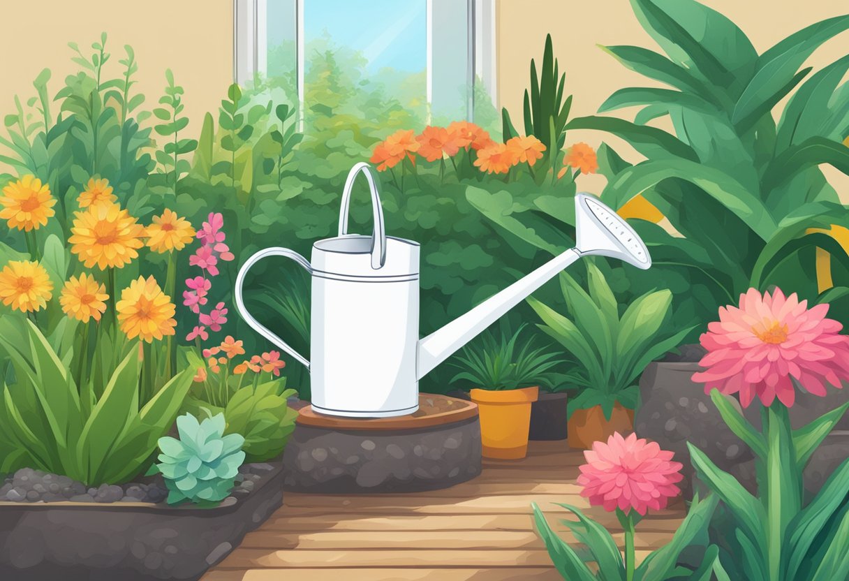 Lush garden with vibrant plants. Soil moisture meter reads "optimal". A watering can sits nearby