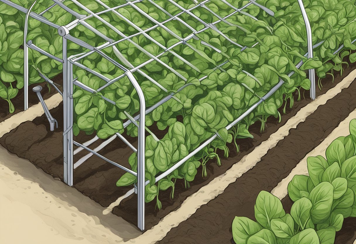 A row of spinach plants shaded by a trellis, with regular watering and mulching to maintain moisture and prevent bolting