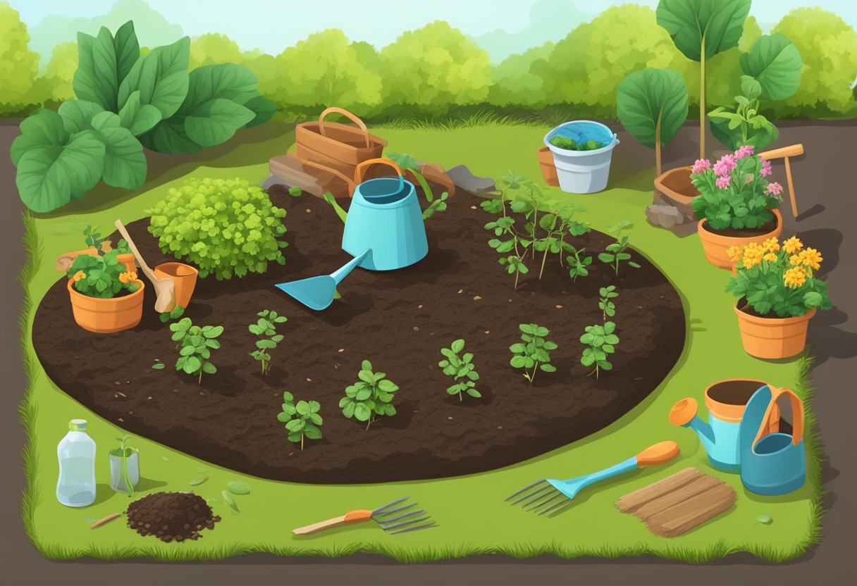A small plot of land with rich soil, a variety of seeds, gardening tools, and a watering can arranged neatly on the ground