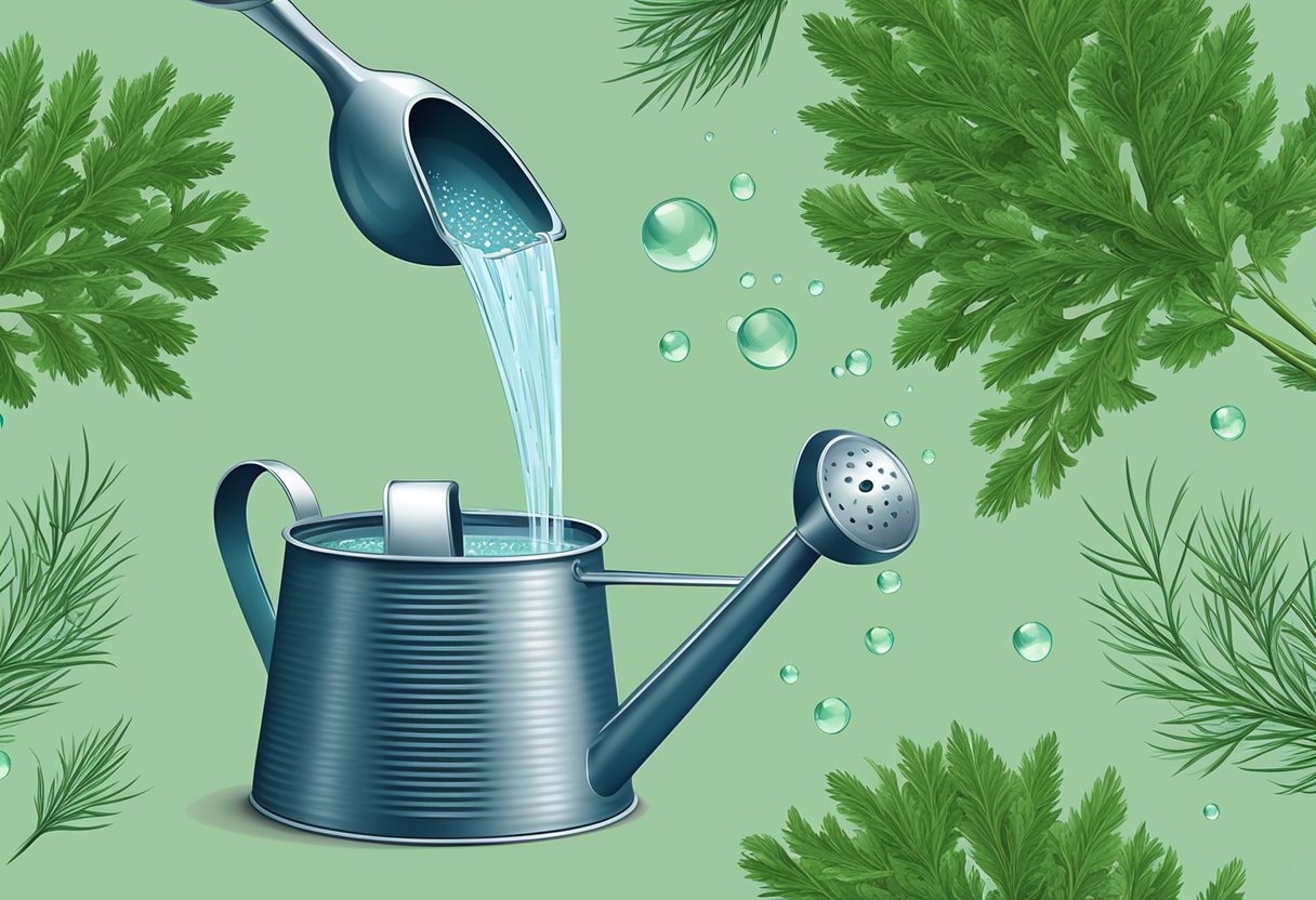 A watering can pours water onto a pot of dill, droplets glistening on the leaves