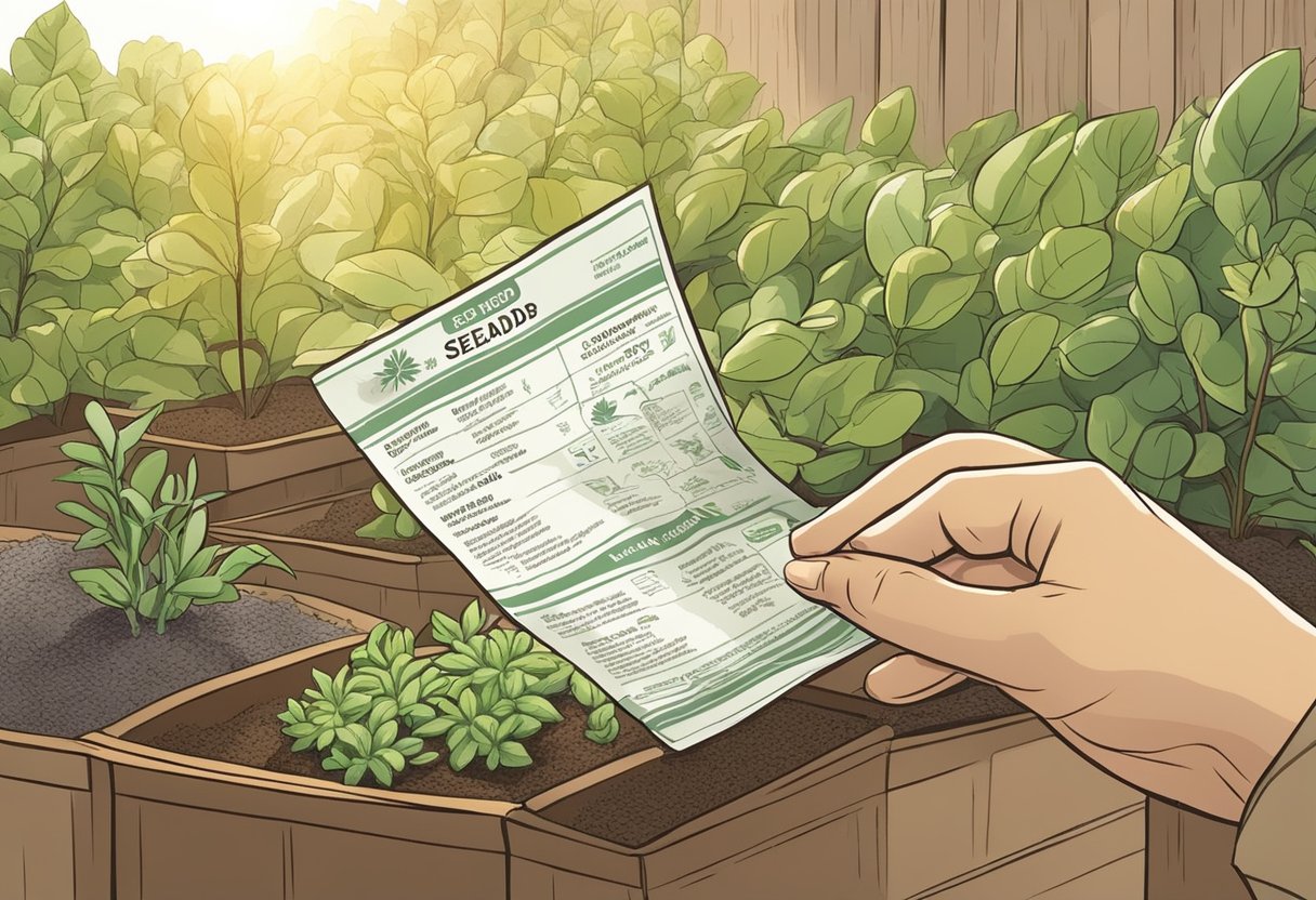 A hand reaches for a seed packet, turning it over to read the planting instructions and seed details. A garden backdrop with sunlight streaming in
