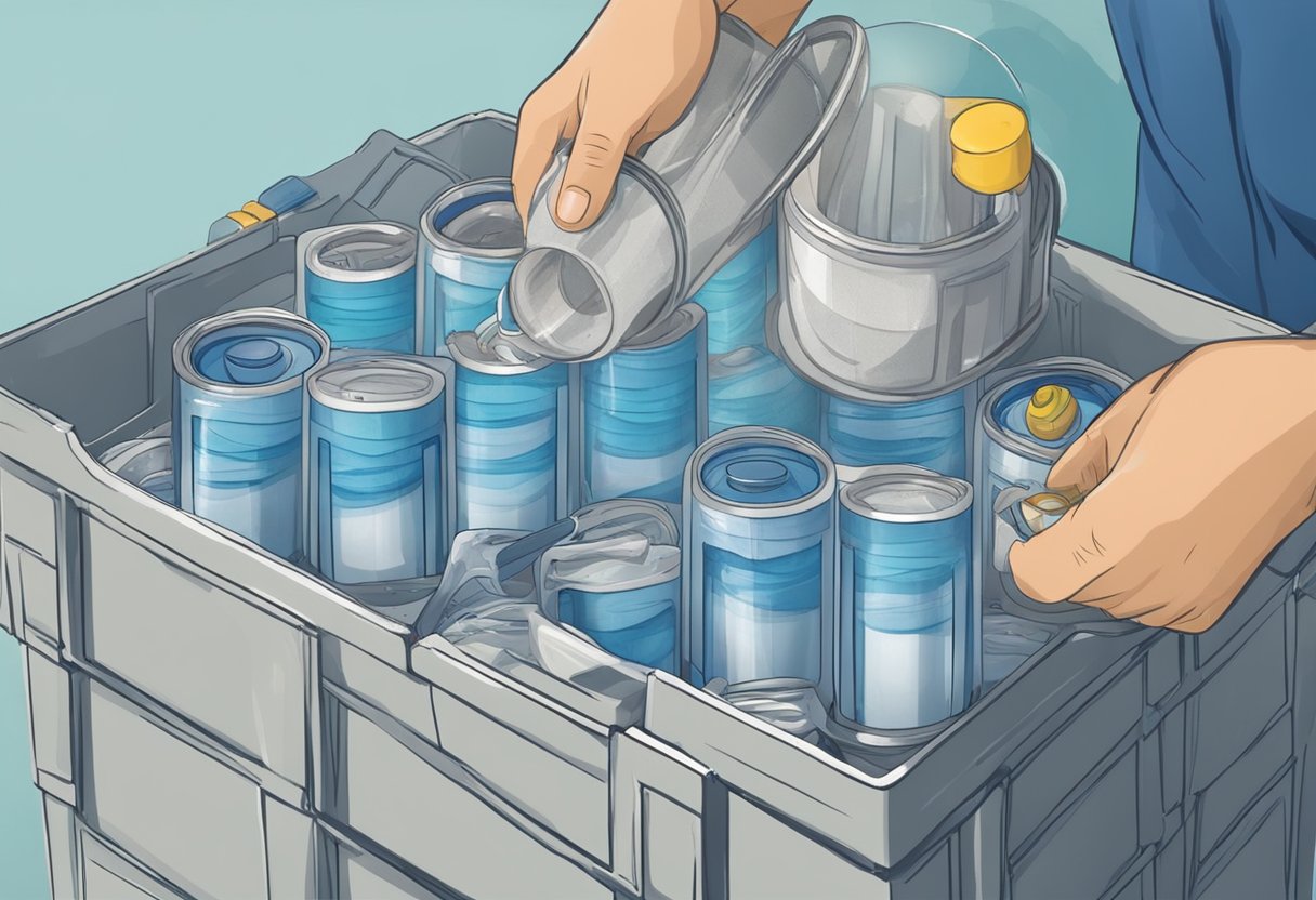 Used water filter cartridges placed in a separate container. A person refilling the cartridges with fresh filter media. Old media disposed of properly