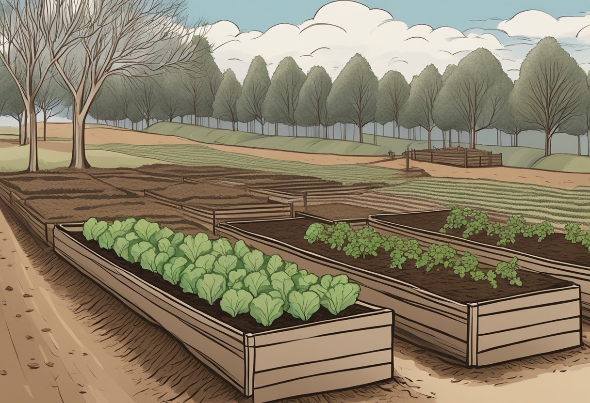 Soil being tilled in a raised garden bed, with rows of winter vegetables being planted, surrounded by a backdrop of bare trees and a cloudy sky