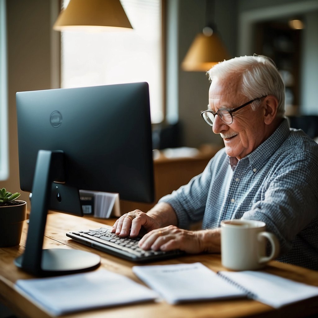 A senior sitting at a computer, reading an email marketing guide with a cup of coffee nearby. Calendar and notebook on the desk
