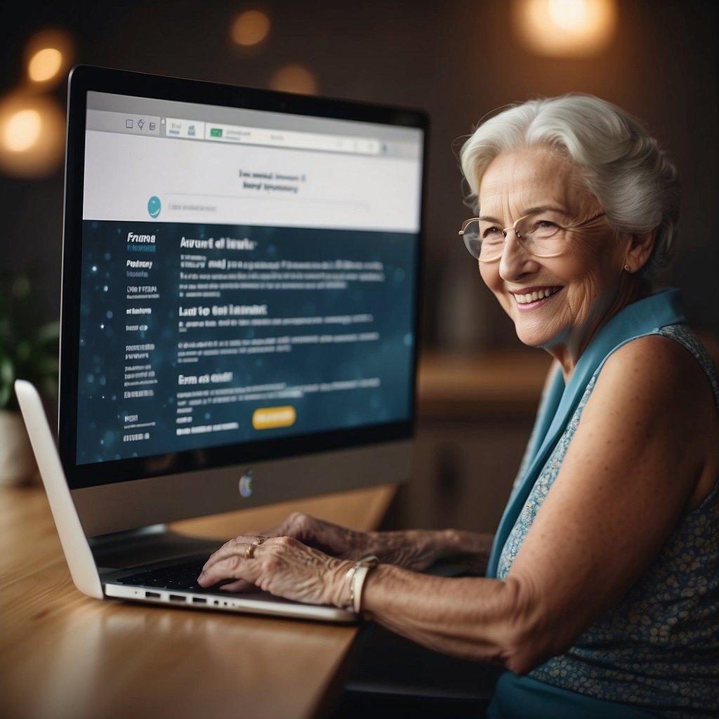 A laptop displaying a personalized email with a senior-friendly font and large, easy-to-click buttons. A smiling elderly person's photo sits next to the email, creating a warm, personalized touch