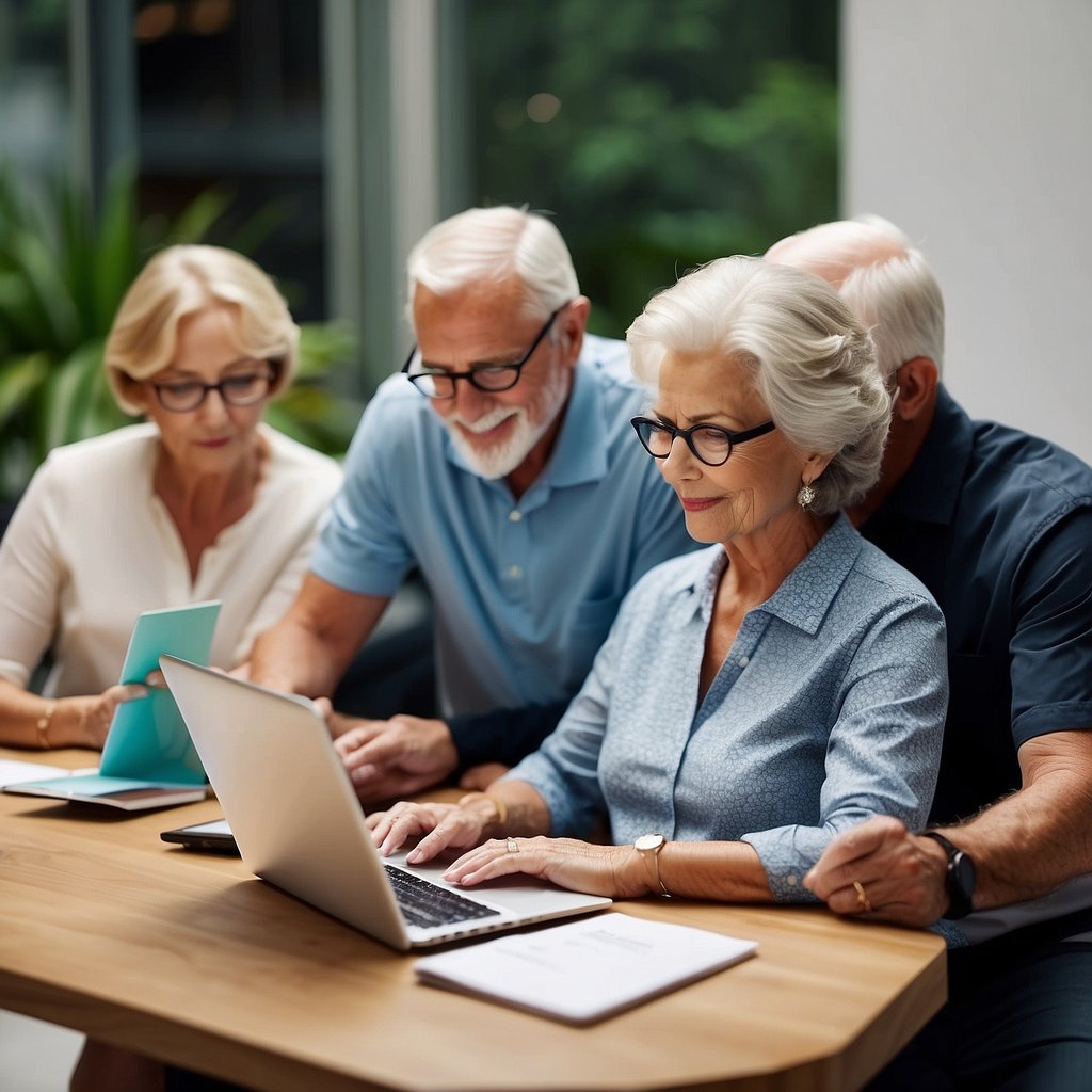 A group of seniors sitting at a computer, carefully reading through an email marketing handbook. They are engaged and focused on the content, taking notes and discussing the strategies outlined in the guide