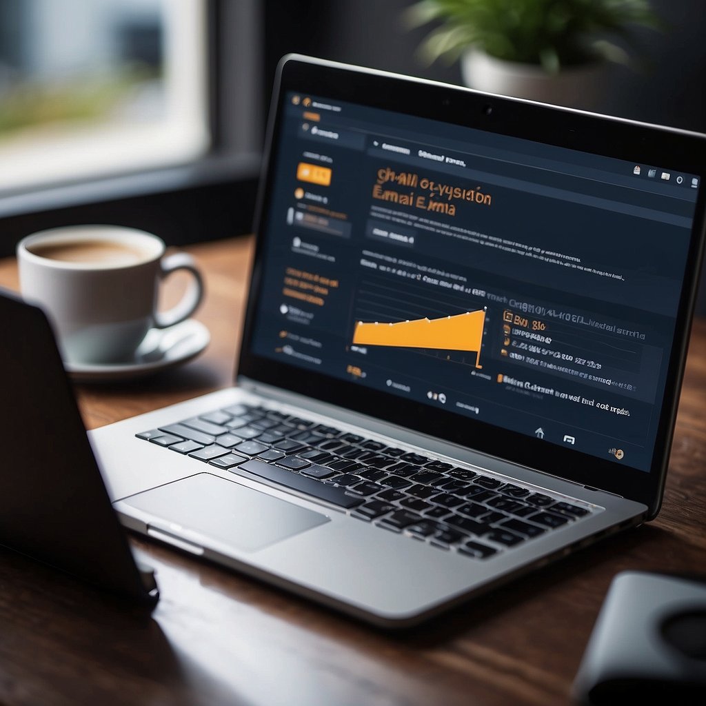 A laptop displaying a well-designed email with clear call-to-action buttons. A graph showing an increase in conversion rates. A senior demographic profile in the background