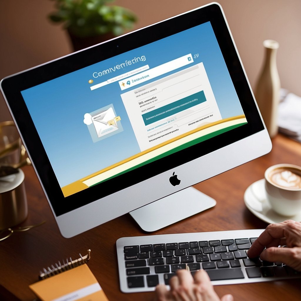 A computer screen displaying an email marketing handbook titled "From Clicks to Conversions: Seniors' Email Marketing Handbook" with a cursor hovering over a clickable link