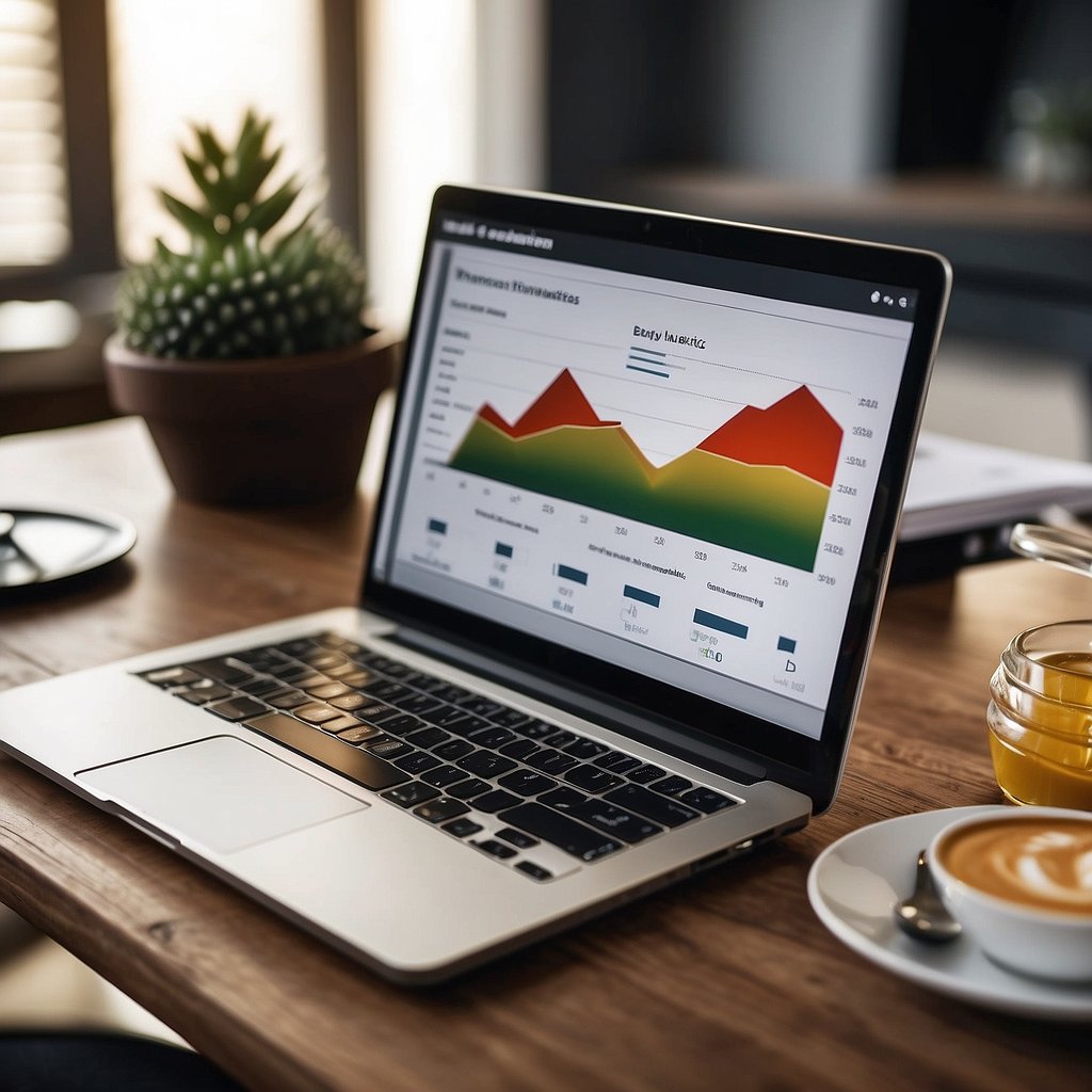 A laptop displaying email marketing metrics with a graph showing an increase in clicks and conversions. A stack of senior-focused marketing handbooks sits nearby