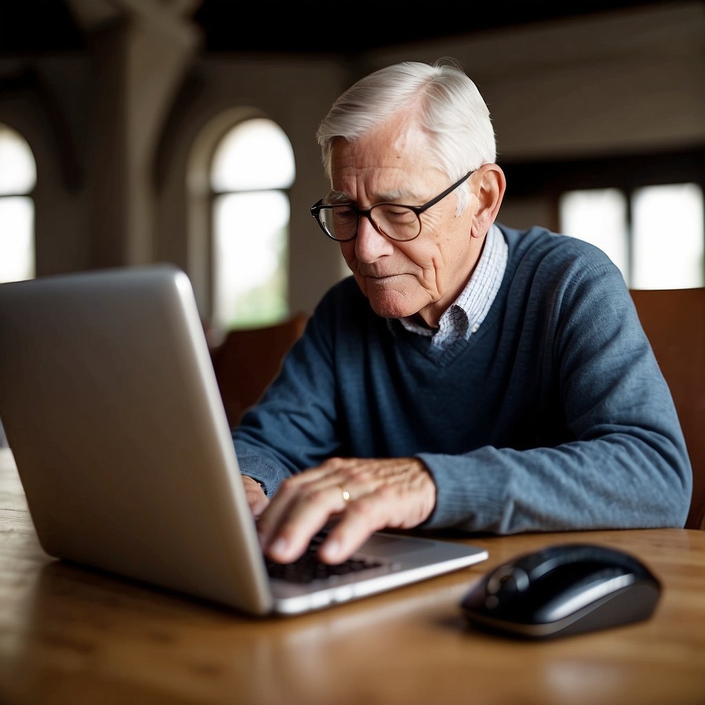 A senior sits at a computer, reading an email with large, easy-to-read font. The layout is simple and uncluttered, with clear headings and buttons for easy navigation