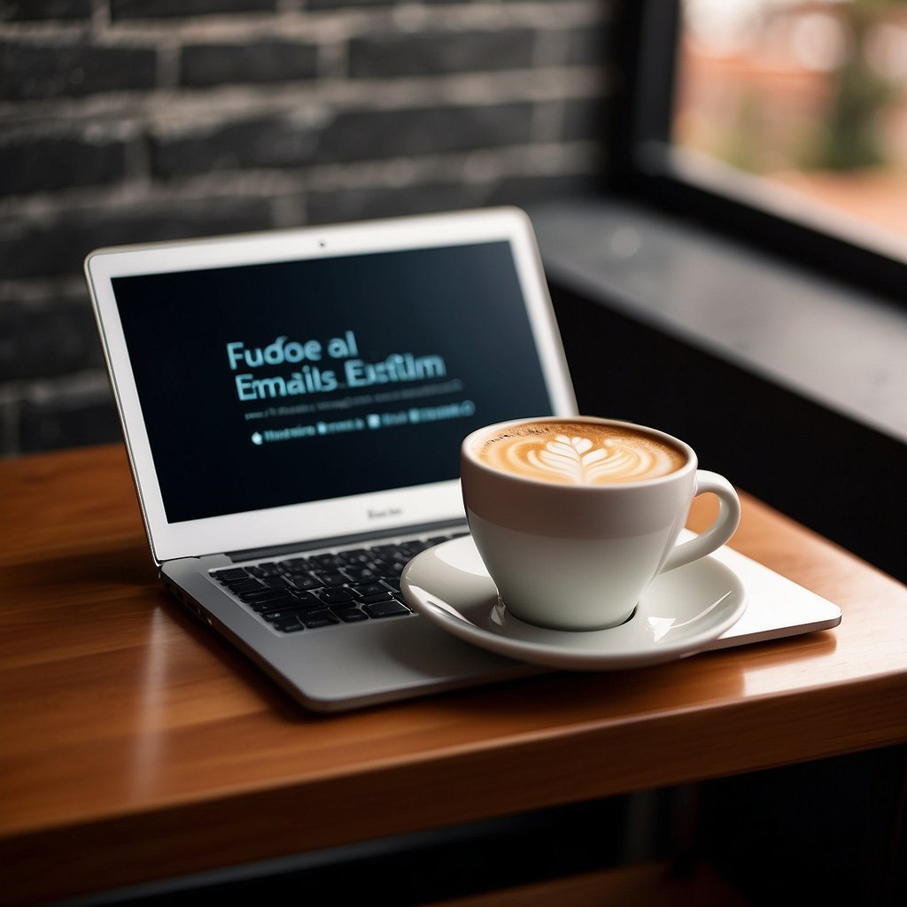 A laptop displaying an engaging email with bold fonts and clear call-to-action buttons. A cup of coffee sits next to it, indicating a relaxed and focused atmosphere