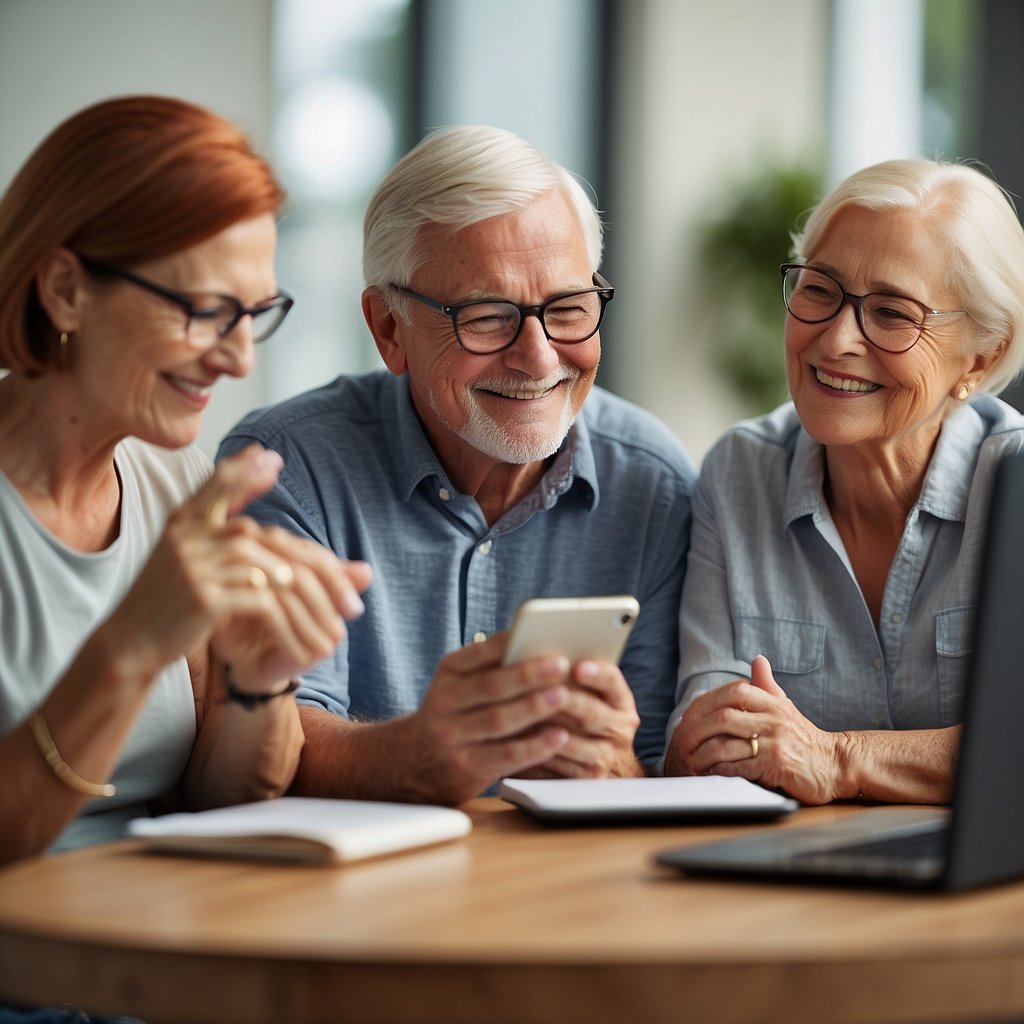 A group of older adults engaged in reading and responding to personalized emails on their devices, showing interest and engagement in the content