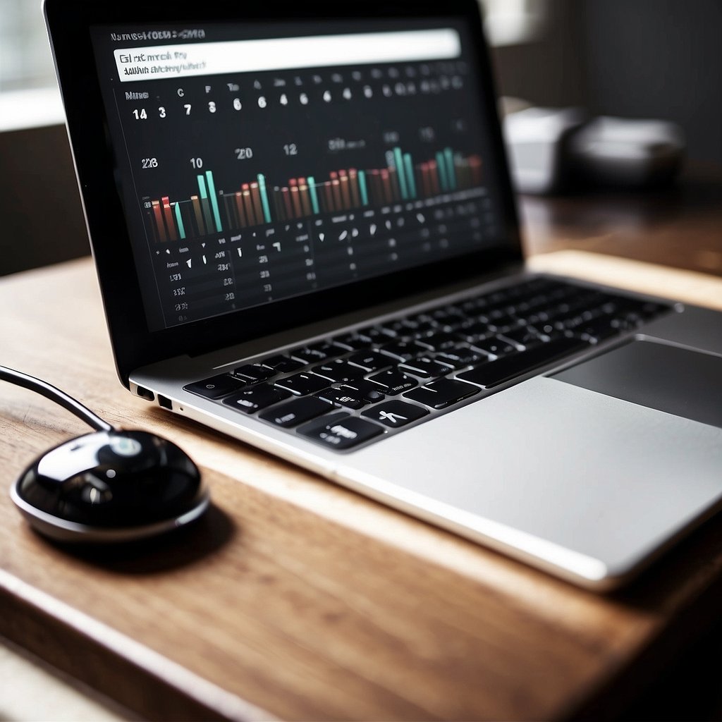 A desk with a laptop, notebook, and pen. A graph showing email open rates. A calendar with dates marked for campaign launches