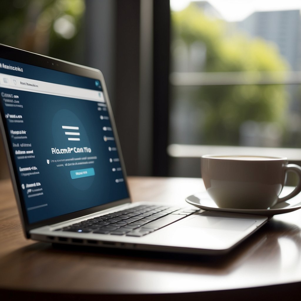 A laptop displaying an engaging email marketing campaign targeting mature consumers. A cup of coffee and a notepad with brainstorming ideas sit nearby