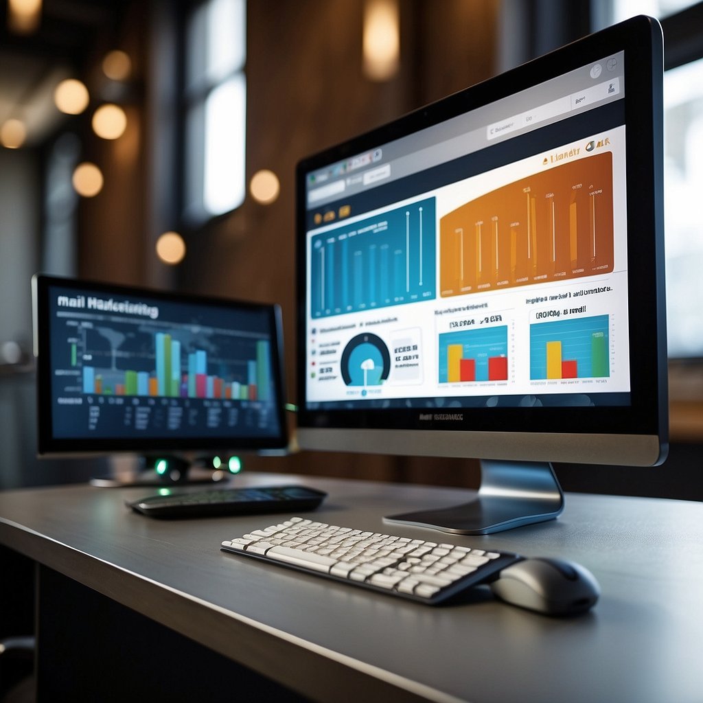 A computer screen displaying an email marketing dashboard with graphs and charts. A cursor hovers over the "Mature Market" segment, highlighting it