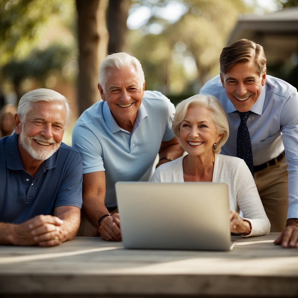 A group of seniors gathered around a computer, engaged and smiling as they read through an email marketing campaign tailored specifically for their needs and interests