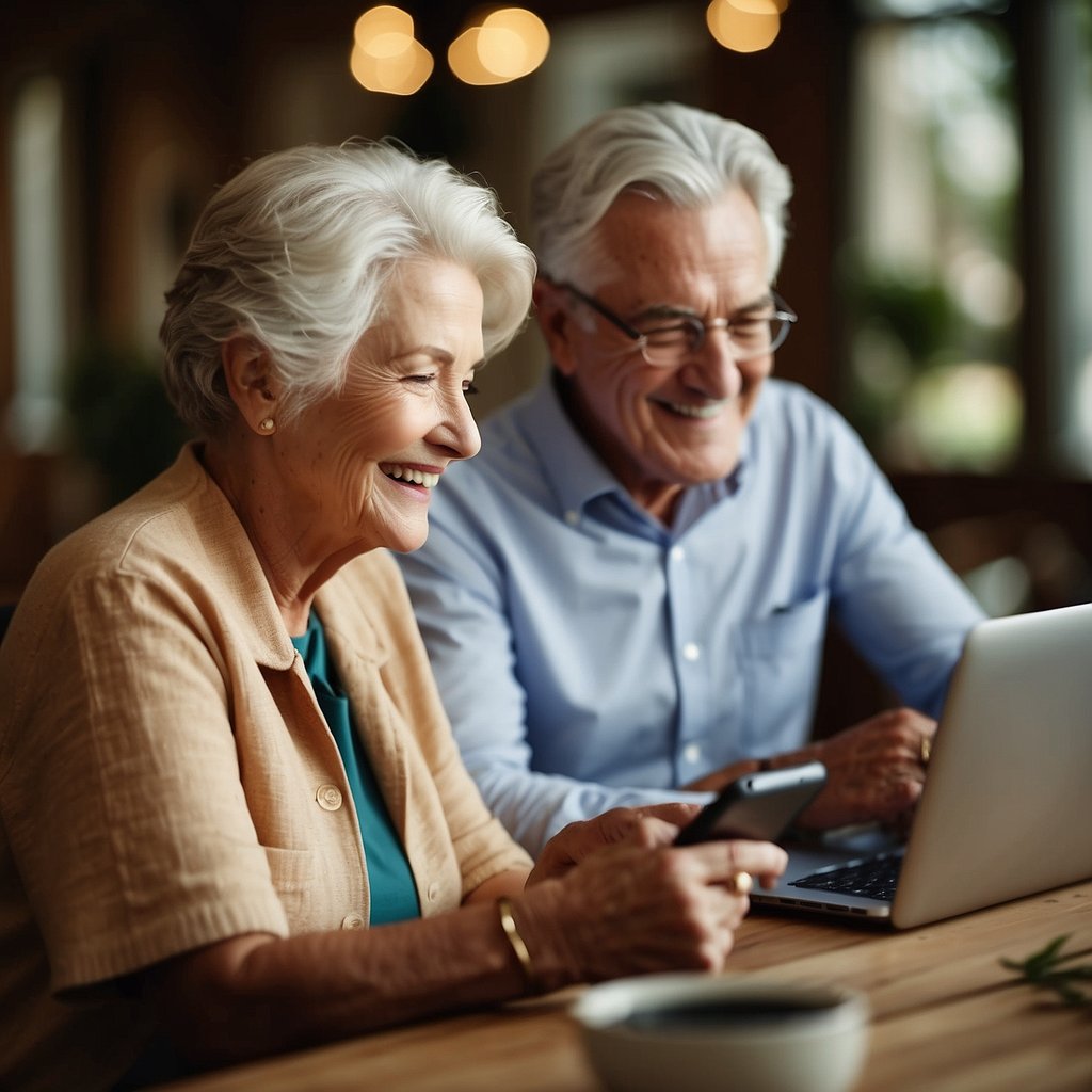A group of elderly individuals engage with email content on their devices, smiling and interacting with the screen. The emails focus on empowering and uplifting messages tailored to seniors