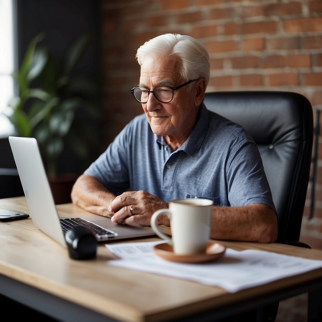 A senior sits at a desk, typing on a laptop. A stack of papers and a cup of coffee are nearby. The computer screen displays an email inbox