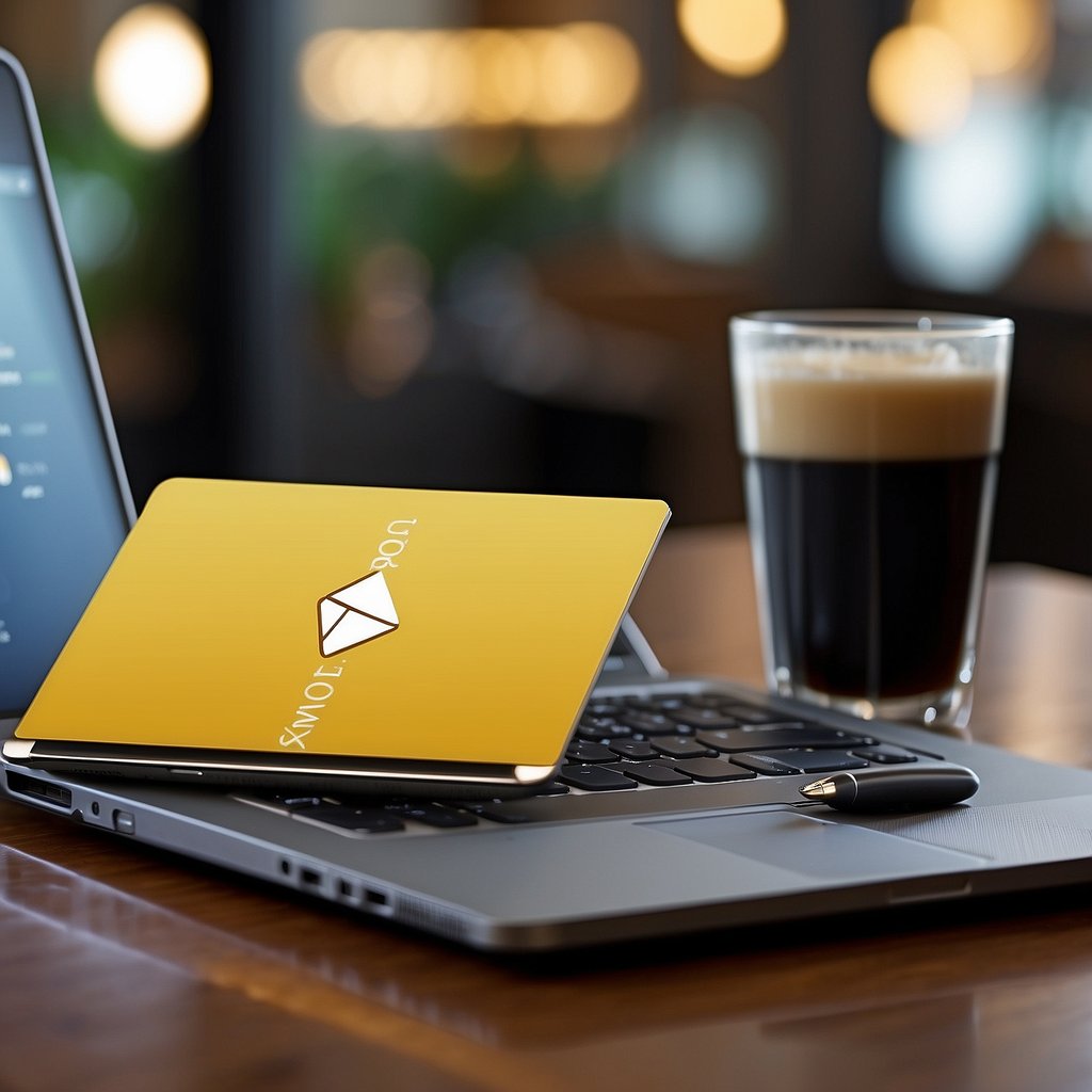 An open laptop displaying an email inbox with a cursor hovering over the "compose" button. A cup of coffee sits nearby, alongside a notebook and pen