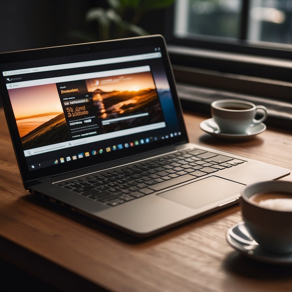 A laptop open on a desk with an email draft on the screen. A pen and notebook sit nearby. A cup of coffee steams in the background