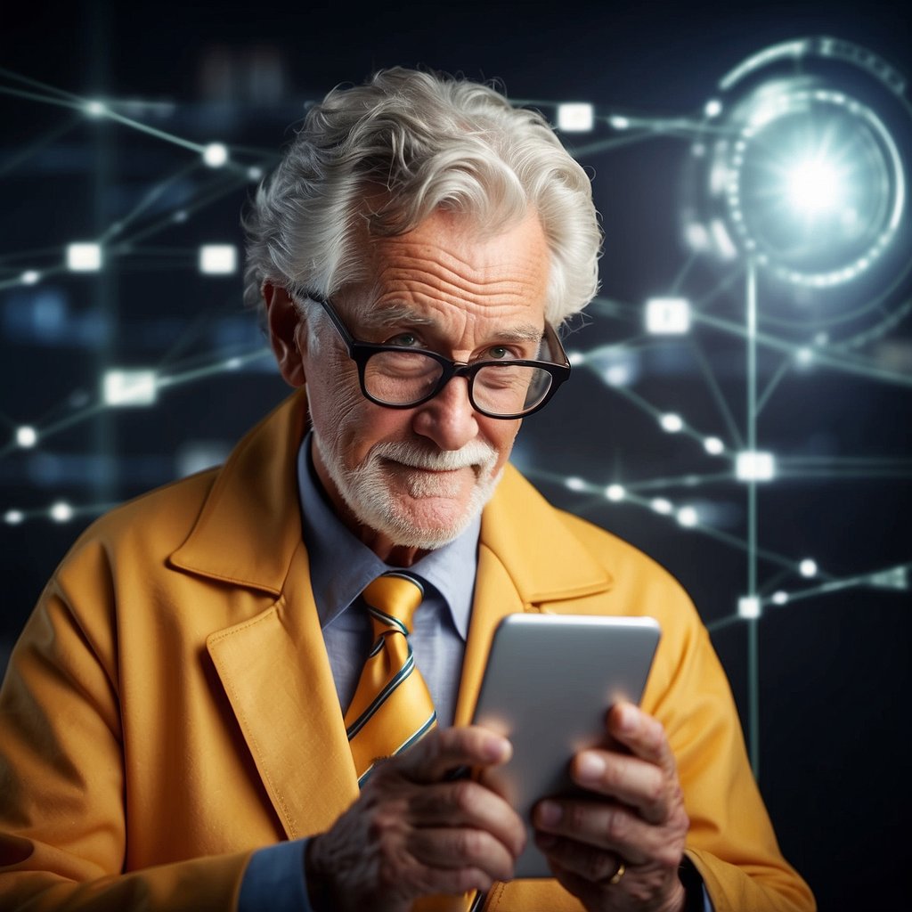 A senior sits at a computer, reading an email with a magnifying glass. A padlock icon and a shield symbolize email safety