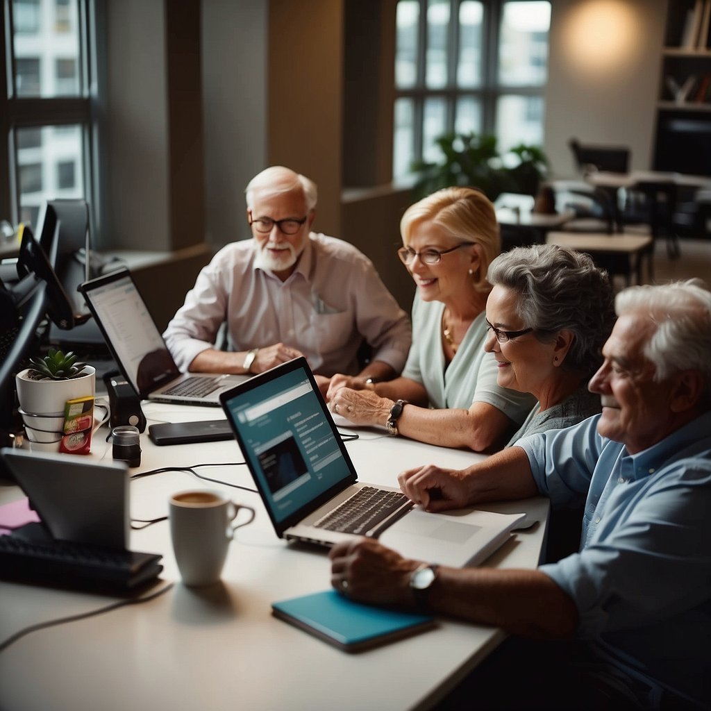 Seniors gather around computer screens, brainstorming email ideas. Notes and coffee mugs clutter the table. The room is filled with lively discussion and creative energy