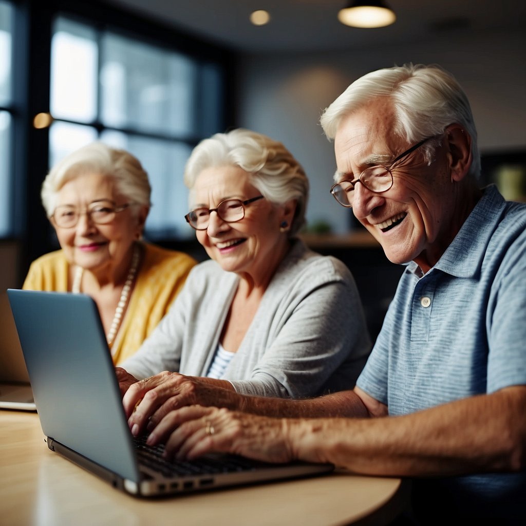 A group of senior citizens gather around a computer, reading and engaging with a compelling email. Their expressions show interest and satisfaction