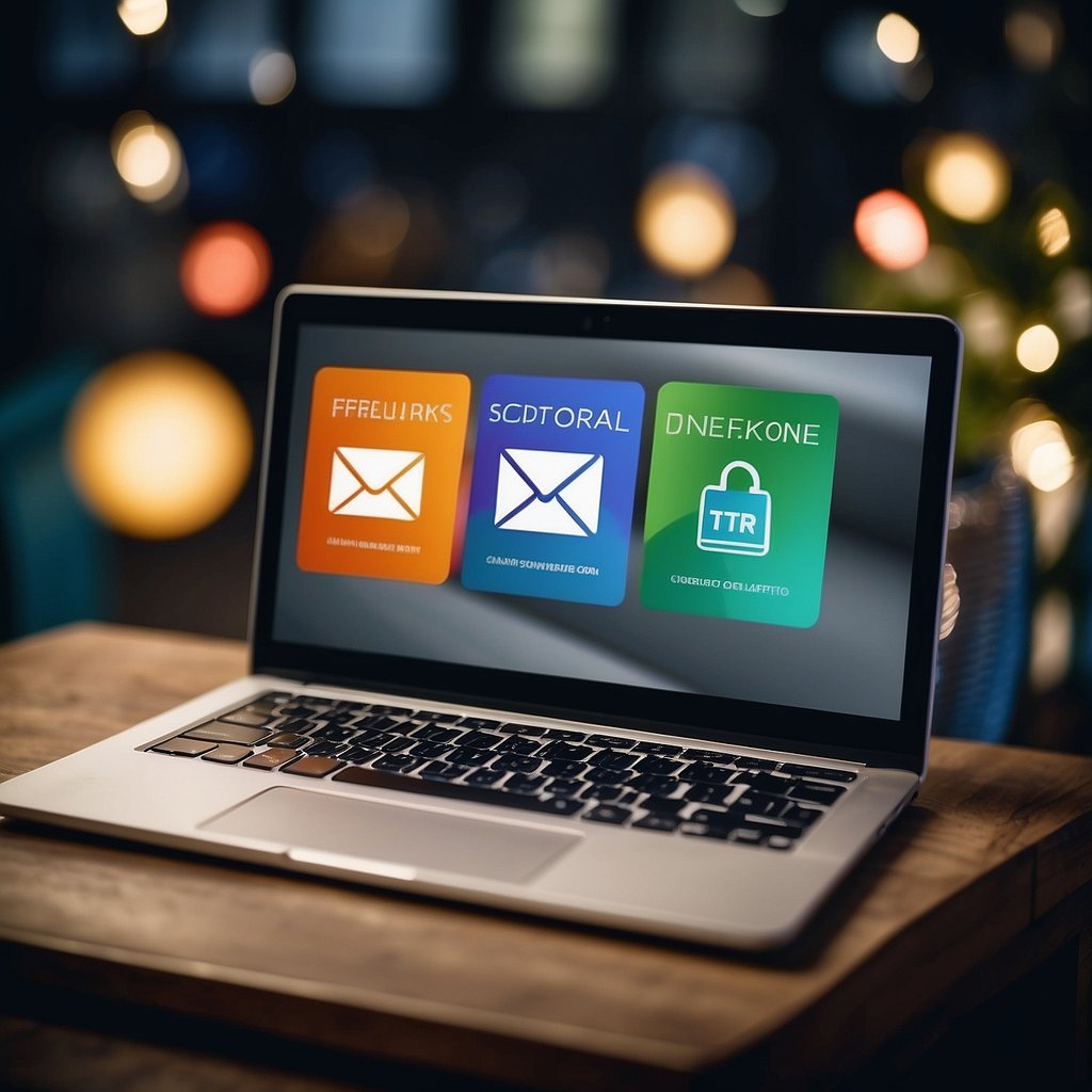 A laptop displaying an open email marketing guide titled "Seniors in the Inbox: Crafting Compelling Email Content" with colorful graphics and engaging text