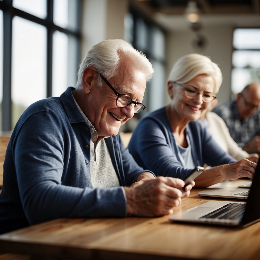 A group of seniors sit around a table, eagerly reading emails on their devices. Smiles and nods indicate their engagement with the compelling content