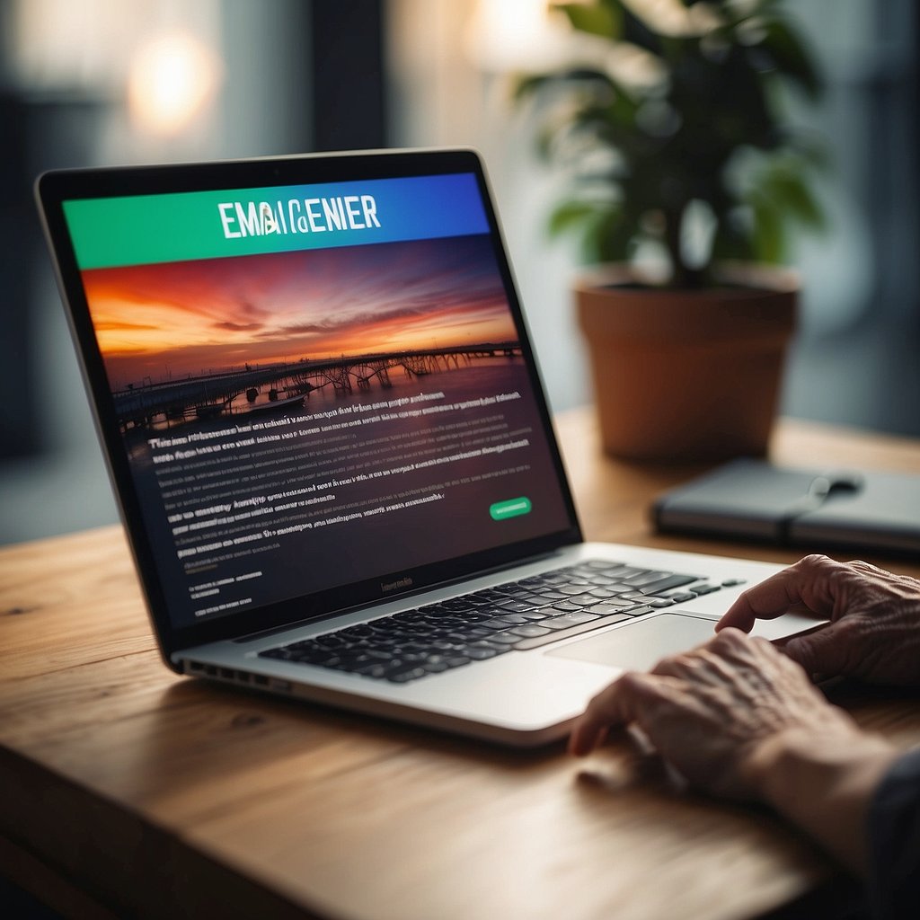 A laptop displaying an engaging email newsletter with a bold headline and colorful graphics. A senior's hand hovers over the keyboard, ready to click