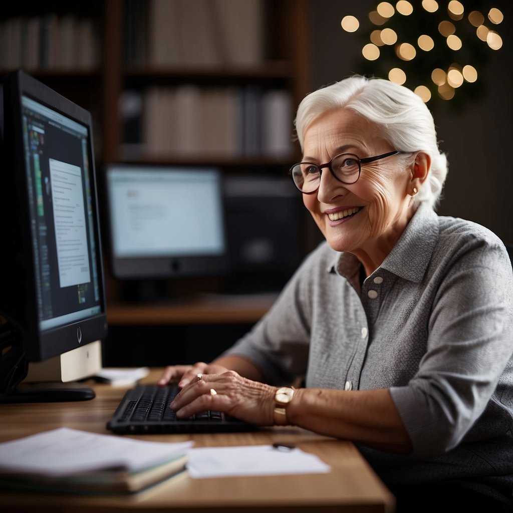 An older person sits at a computer, reading an email with a smile. In the background, a stack of printed emails and a notebook with handwritten notes