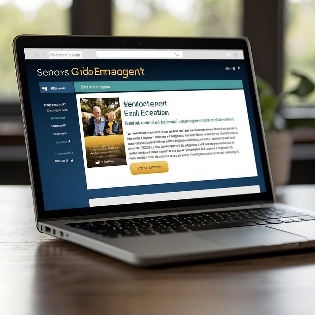 A computer screen displaying the "Seniors' Guide to Email Engagement and Retention" website. A mouse hovers over the "Sign Up" button, ready to click