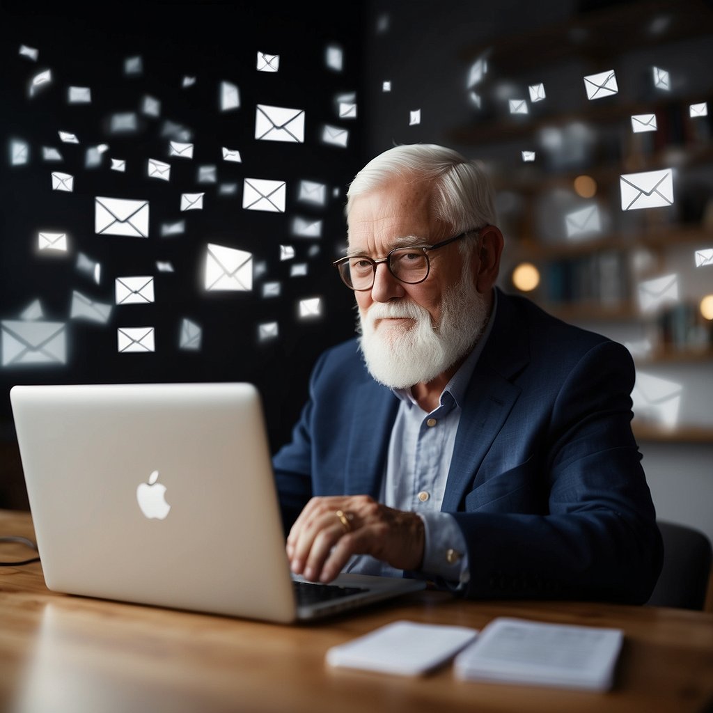 A senior reads a guide on email engagement, surrounded by open laptops and tablets. Icons of envelopes and emails float around the reader, representing the digital content