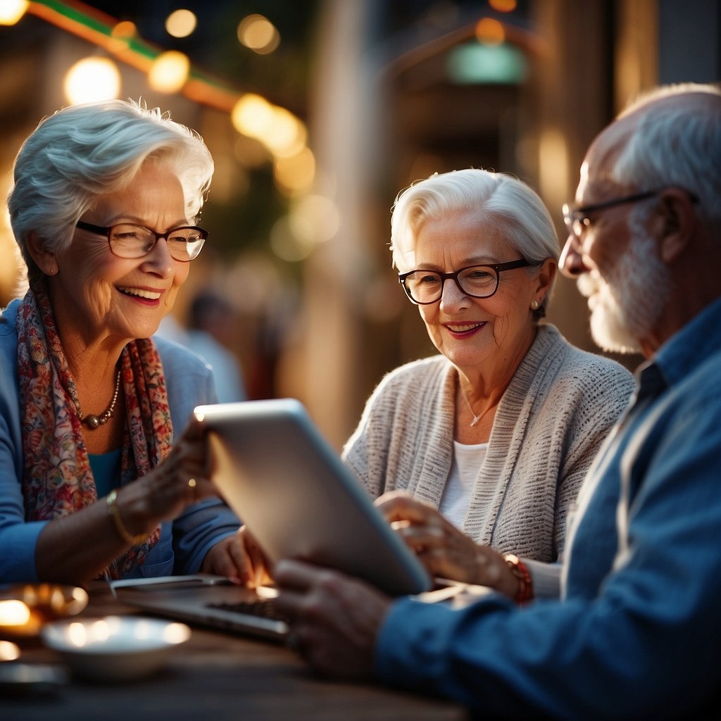 A group of seniors reading and engaging with emails on their devices, surrounded by images of products and services tailored to their age group