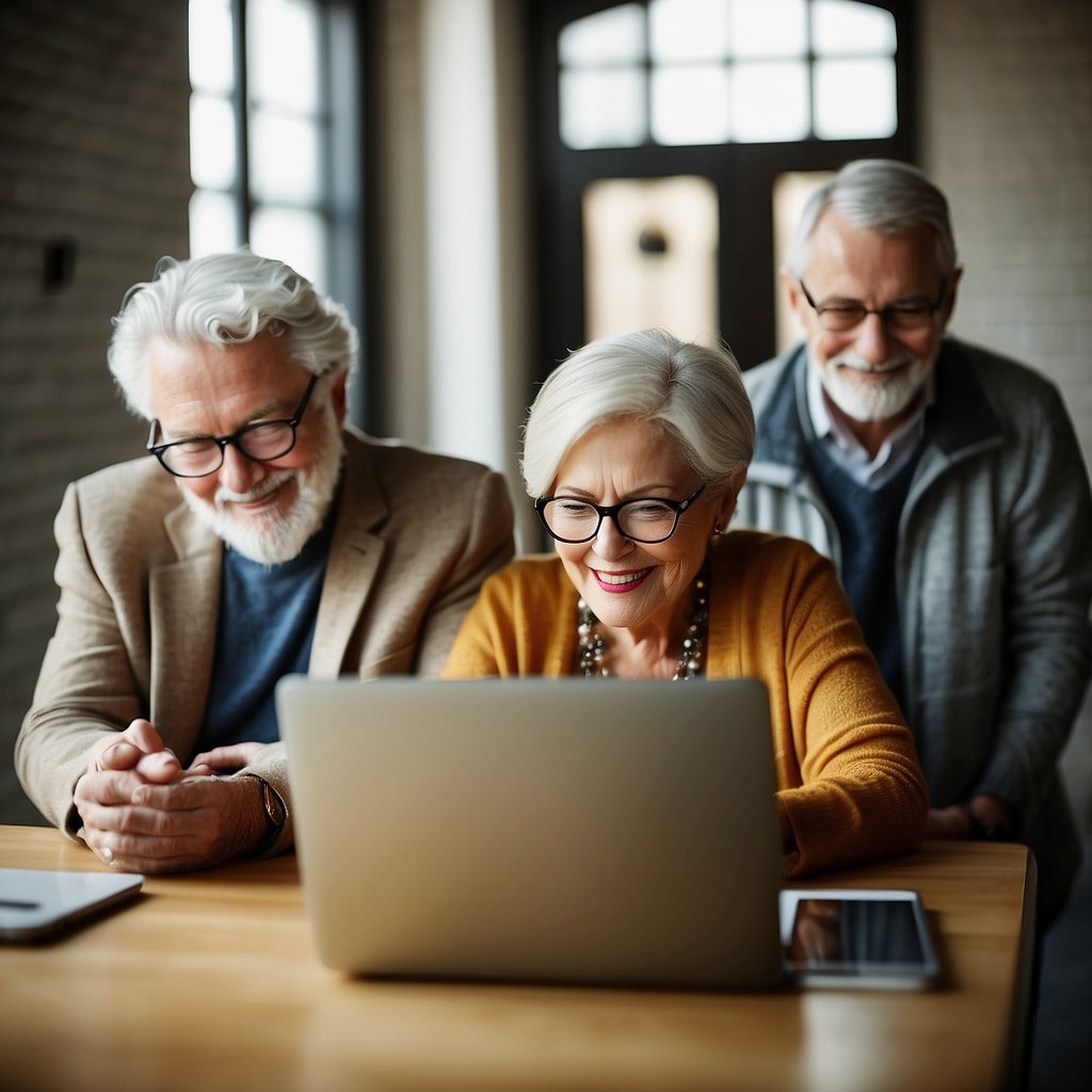 A group of 50 plus seniors reading and engaging with email marketing content on their computers and mobile devices