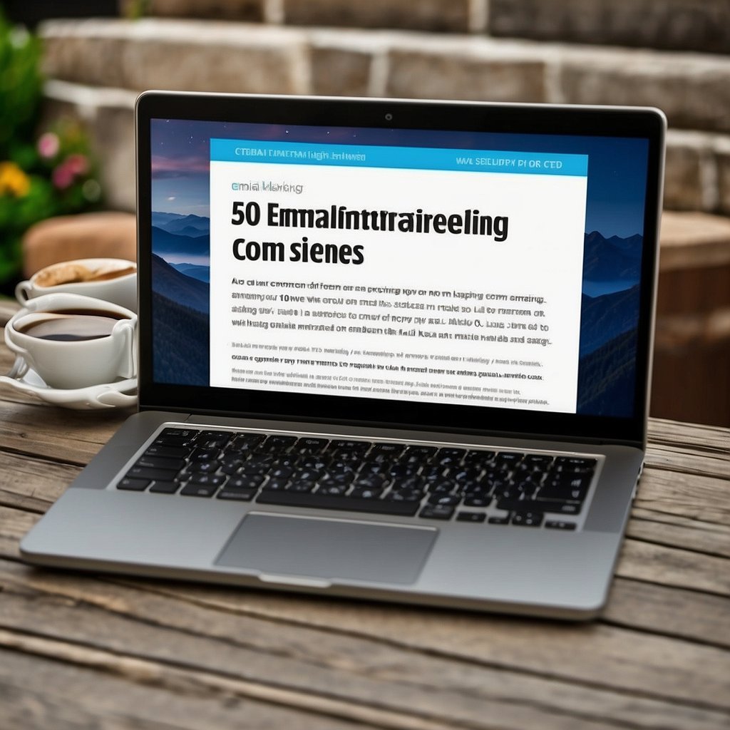 A laptop displaying "Email Marketing Trends for 50 Plus Seniors" with a list of content strategies for seniors. A cup of coffee and reading glasses sit next to the laptop