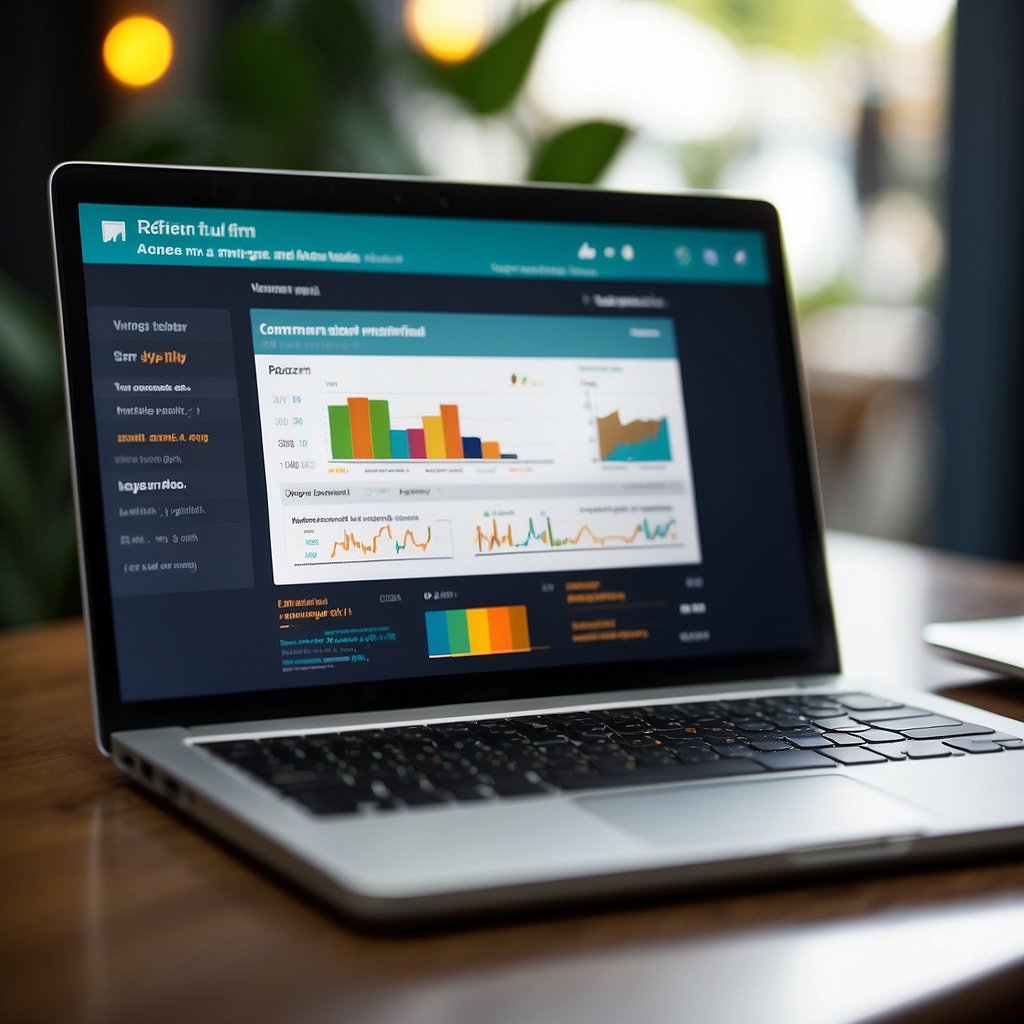 A laptop displaying an email campaign dashboard with graphs and charts, surrounded by senior-related imagery like retirement, travel, and hobbies