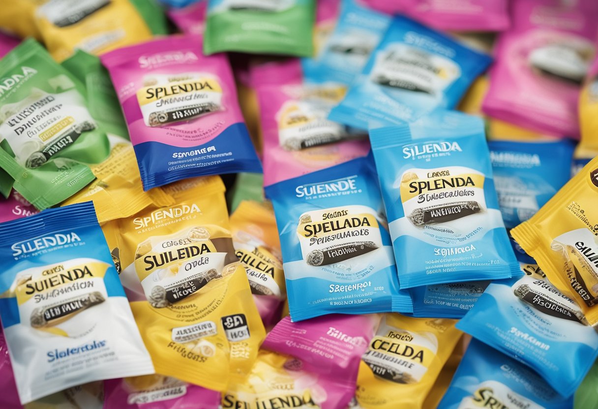 A close-up of sucralose and Splenda packets with their logos and ingredient information displayed prominently