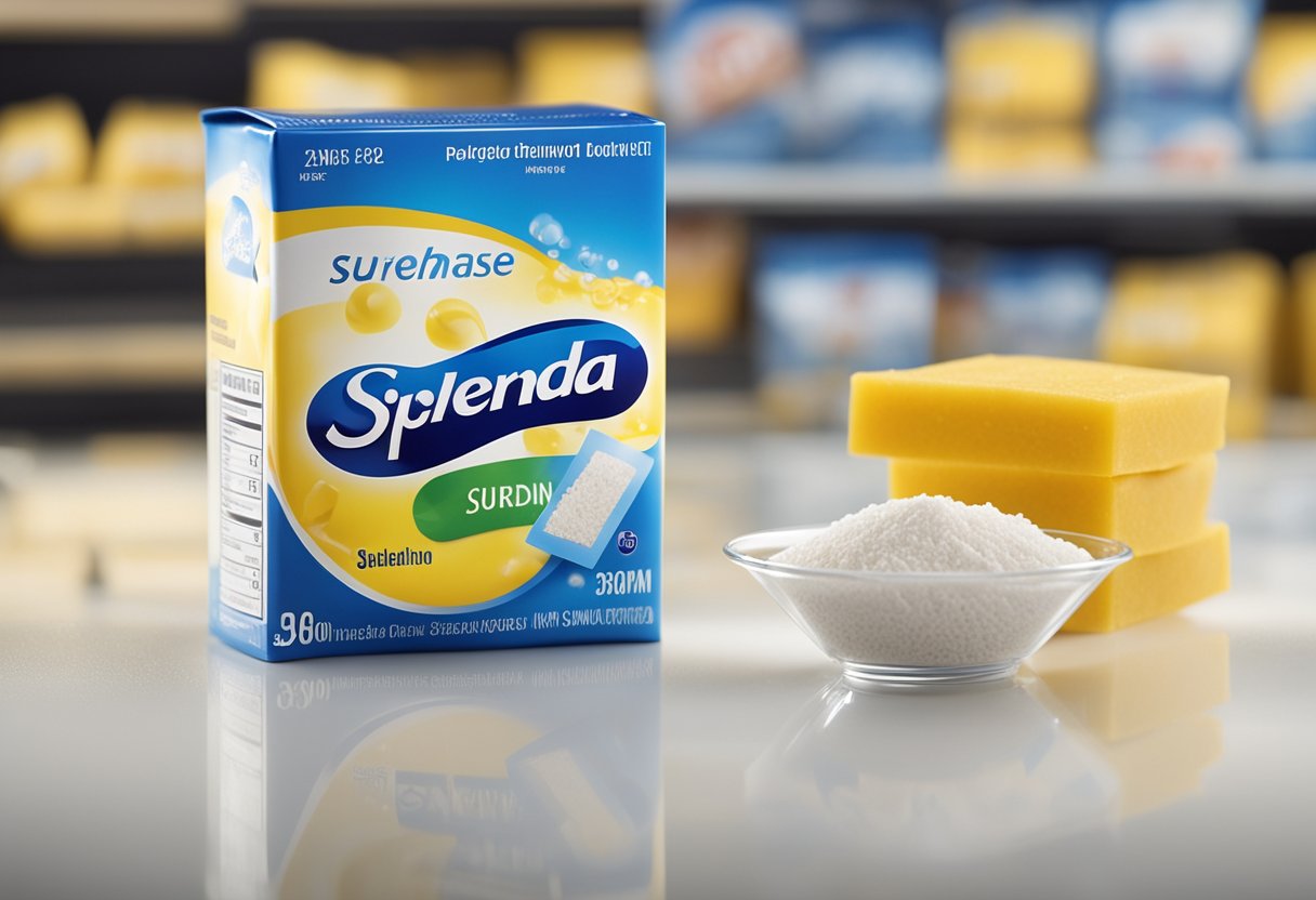 A close-up of a sucralose packet next to a Splenda logo, with a scientific diagram of the sucralose molecule in the background
