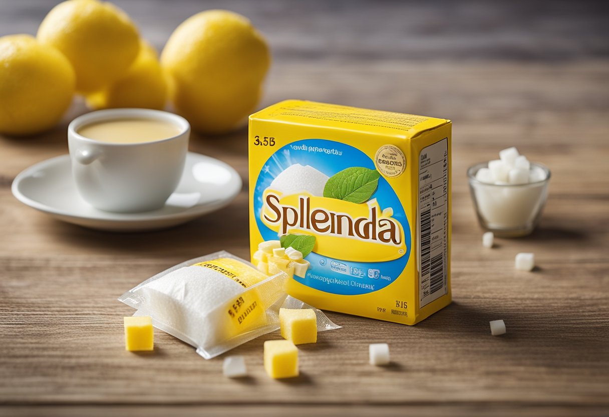 A close-up of a Splenda packet next to a sugar cube, with the word "Splenda" prominently displayed